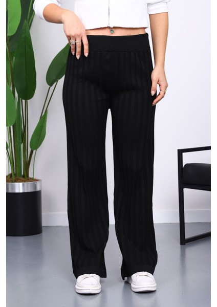 Siyah Yüksek Bel Fitilli Bol Paça Triko Pantolon fiyatları