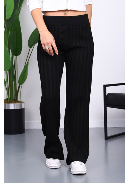 Siyah Yüksek Bel Fitilli Bol Paça Triko Pantolon modelleri