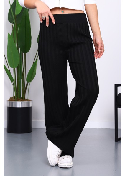 Siyah Yüksek Bel Fitilli Bol Paça Triko Pantolon fırsatları
