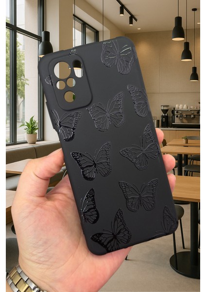 Redmi Note 10/10S Uyumlu Siyah Kelebek Desenli Silikon Darbe Emici Klasik Korumalı Rubber Kılıf