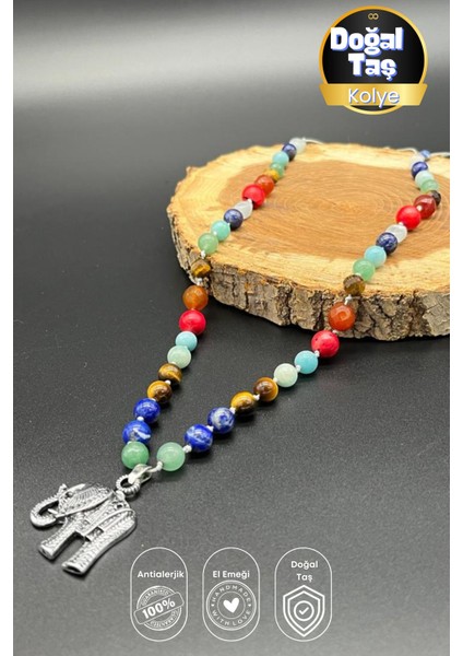 El Yapımı Mala Kolye Doğal Taş 7 Çakra Özel Tasarım Uzun Makrome Ayarlanabilir Fil Figür Çelik Kolye