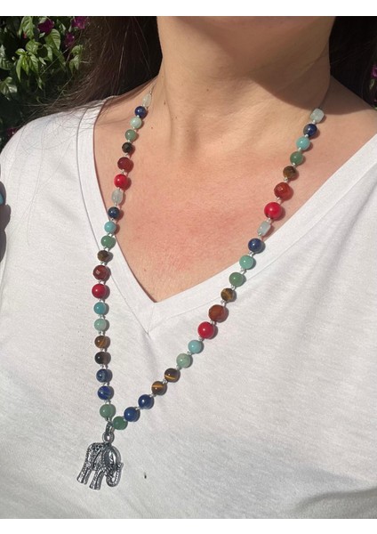 El Yapımı Mala Kolye Doğal Taş 7 Çakra Özel Tasarım Uzun Makrome Ayarlanabilir Fil Figür Çelik Kolye modelleri