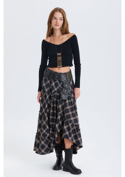 Hippi Tarz Desenli Maxi Etek Antrasit
