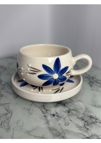 Seramik El Yapımı Mavi Papatya Desenli Bardak | Yelkovanstudio
