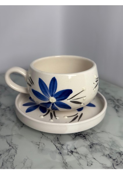 Seramik El Yapımı Mavi Papatya Desenli Bardak | Yelkovanstudio fiyatları