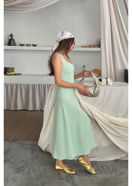 Keten Kolsuz Kare Yaka Düğme Detaylı Elbise - Mint modelleri