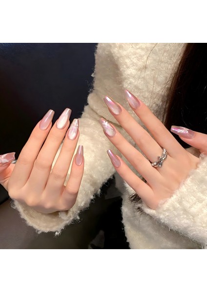 10'lu Pembe Uzun Balerin TT1134 Tekrar Kullanılabilir El Yapımı Protez Takma Tırnak - Pembe-M