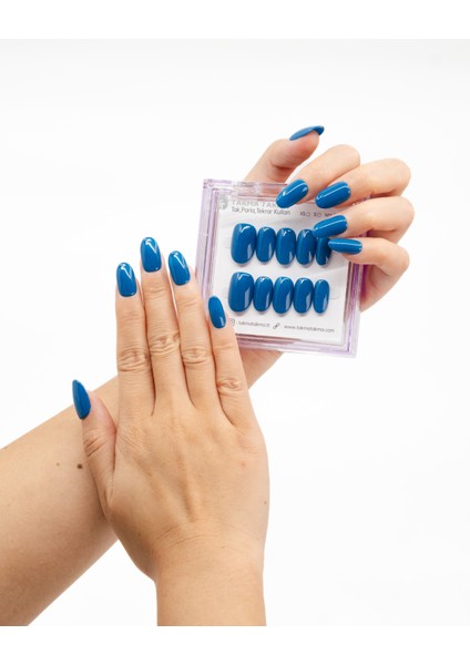 10'lu Mavi Kısa Oval TT1267 Tekrar Kullanılabilir El Yapımı Protez Takma Tırnak - Mavi-L