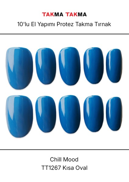 10'lu Mavi Kısa Oval TT1267 Tekrar Kullanılabilir El Yapımı Protez Takma Tırnak - Mavi-L indirimleri