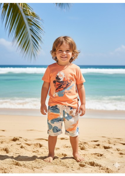 Çocuk Unisex Kız Erkek Şortlu Alt Üst Takım Kreş %100 Pamuk Rahat Tarz Tasarım Premium, Turuncu