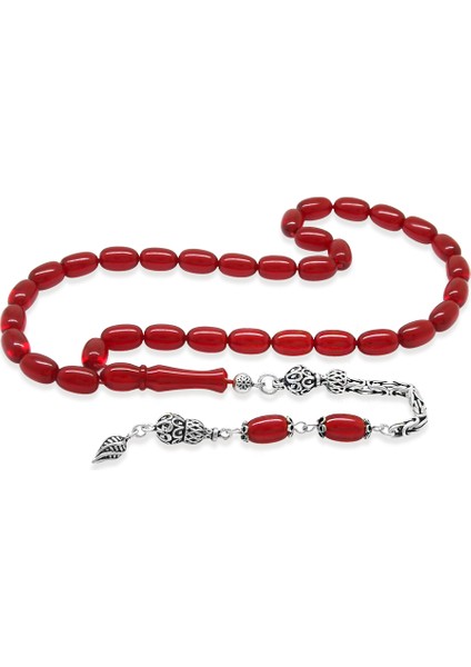 925 Ayar Gümüş Kral Zincir Püsküllü Özel Kesim Bayrak Kırmızısı Ateş Kehribar Tesbih