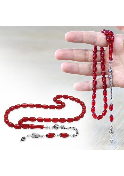 925 Ayar Gümüş Kral Zincir Püsküllü Özel Kesim Bayrak Kırmızısı Ateş Kehribar Tesbih fiyatları
