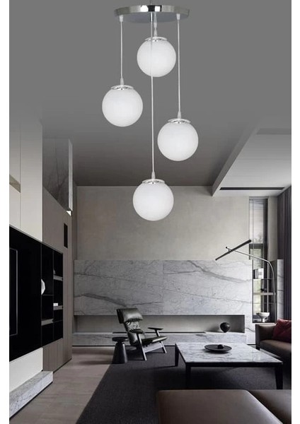 Sarkıt Tepsi Gümüş 4'lü Beyaz Camlı Avize