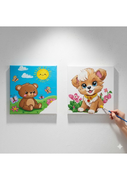 TATİL-KARNE HEDİYESİ 2'li Tuval Boyama Seti 20x20 Cm Uv Baskı 6 Akrilik Boya 1 Fırça-model-184