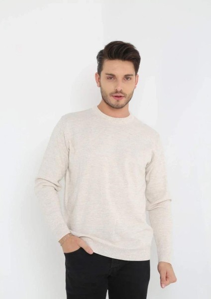 Unisex Uzun Kol Biskilet Yaka Dokuma Triko - Bej