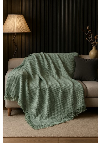 Pamuklu Dokulu Ekru Koltuk Şalı 170X220 cm – Saçaklı Tv Battaniyesi & Dekoratif Koltuk Örtüsü