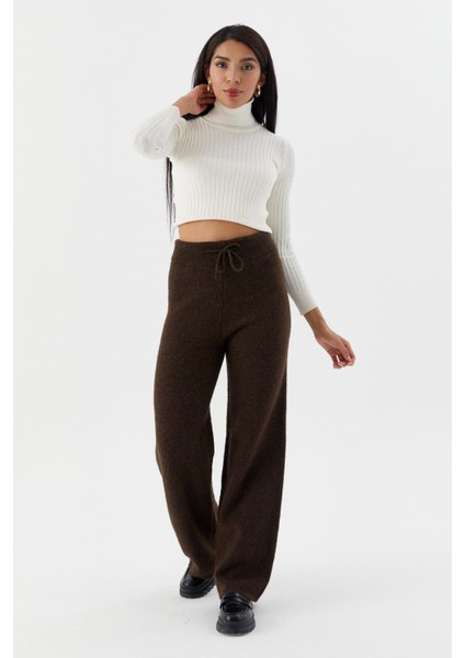Beli Ip Bağcıklı Triko Pantolon Kahve
