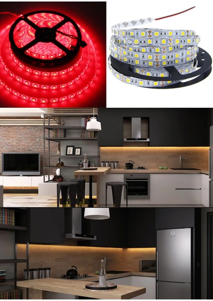 3 Çipli Kırmızı Şerit LED 2 mt + 12V Adaptör Kuruluma Hazır Set