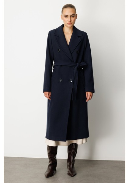 Kadın Beli Kuşaklı Kruvaze Yaka Kaban 6063 Lacivert