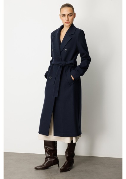 Kadın Beli Kuşaklı Kruvaze Yaka Kaban 6063 Lacivert fiyatları