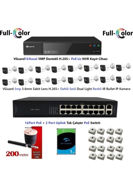 Nif Bilişim Vguard 5mp Dahili Sesli ve Gece Renkli 16 Kameralı Tak Çalıştır Hazır Ip Kamera Seti 1tb Disk
