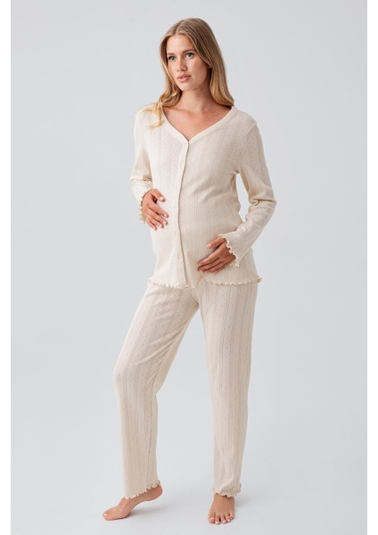 Uzun Kollu Ajurlu Düğmeli Esnek Pamuklu Hamile Pijama Takım 18214