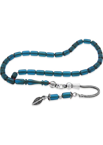 Ateş Kehribar Tesbih - 925 Ayar Gümüş Zincir Püsküllü - Mini Boy - Mavi Renk - Kapsül Kesim