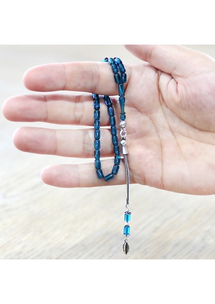 Ateş Kehribar Tesbih - 925 Ayar Gümüş Zincir Püsküllü - Mini Boy - Mavi Renk - Kapsül Kesim fırsatları