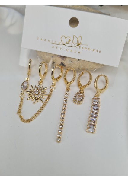 Gold Mix 5’li Kombin Küpe Seti – Zincirli, Taşlı ve Sallantılı Model
