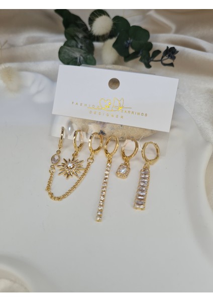Gold Mix 5’li Kombin Küpe Seti – Zincirli, Taşlı ve Sallantılı Model fiyatları