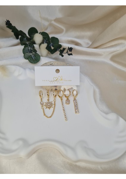 Gold Mix 5’li Kombin Küpe Seti – Zincirli, Taşlı ve Sallantılı Model indirimleri