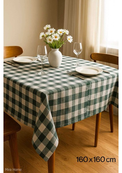 Fiber Kareli Masa Örtüsü Sofra Bezi Ekose Desen 160X160 cm Yeşil