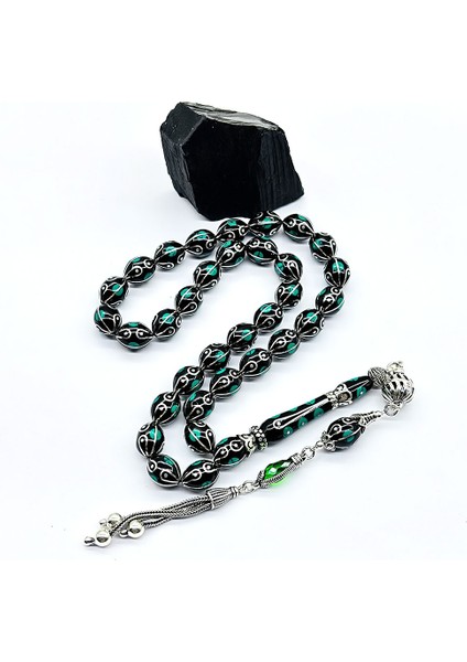 Gümüş Işlemeli Usta Işçilikli Orijinal Oltu Taşı Tesbih