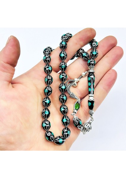 Gümüş Işlemeli Usta Işçilikli Orijinal Oltu Taşı Tesbih fırsatları