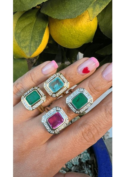 Altın Kaplama Buz Mavi Paraiba Kare Taş Kibar ve Zarif 925 Ayar Gümüş Yüzük Farklı Renk Çalışılır