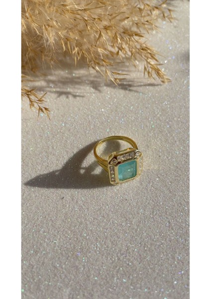 Altın Kaplama Buz Mavi Paraiba Kare Taş Kibar ve Zarif 925 Ayar Gümüş Yüzük Farklı Renk Çalışılır indirimleri