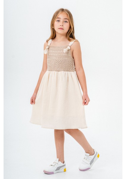 Kahve Dantel Detaylı Müslin Kız Çocuk Elbise 21086 fiyatları