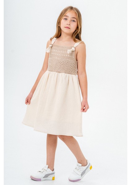 Kahve Dantel Detaylı Müslin Kız Çocuk Elbise 21086 modelleri
