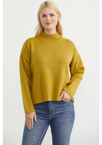 Oversize Dik Yaka Triko Kazak - Zeytin Yeşil