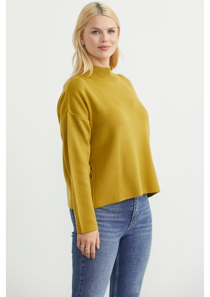 Oversize Dik Yaka Triko Kazak - Zeytin Yeşil modelleri