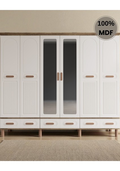 Otto 6 Kapaklı Aynalı Çekmeceli Mdf Gardırop