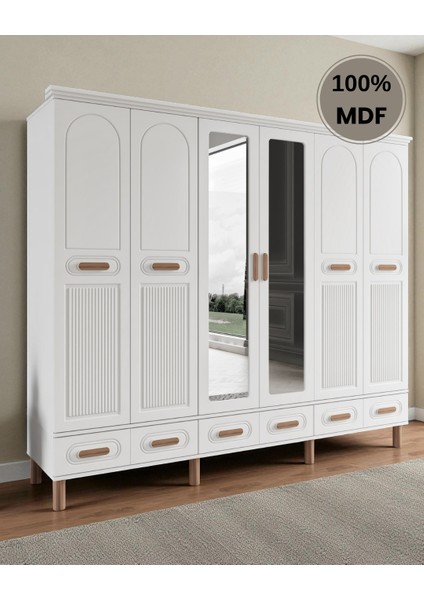 Otto 6 Kapaklı Aynalı Çekmeceli Mdf Gardırop