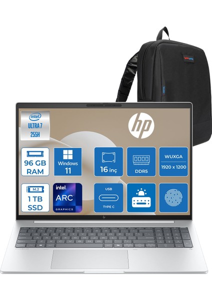 Elitebook 8 G1I Intel® Core Ultra 7 255H 96GB Ddr5 1tb SSD Intel® Arc™ 140T 16" Wuxga (1920X1200) IPS 300NIT WIN11HOME Taşınabilir Bilgisayar AD3T0ETH28+ZETTAÇANTA