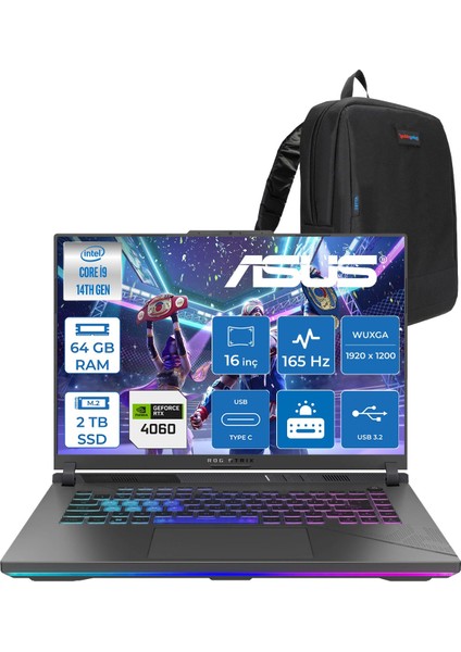 Rog Strix G16 G614JVR 14. Nesil Intel I9-14900HX 64GB Ddr5 2tb SSD RTX4060/8GB 140W 16 Inç (1920 x 1200, Wuxga) 165Hz IPS Freedos Gaming Bilgisayar WN3095F24+ZETTAÇANTA