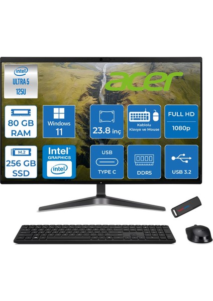 Veriton VZ2524G Intel Core Ultra 5 125U 80GB Ddr5 256GB SSD Intel® Aı Boost 23.8" Fullhd (1920 x 1080) Windows 11 Pro All In One Bilgisayar DQR2REM001P31 + Zetta Flash Bellek