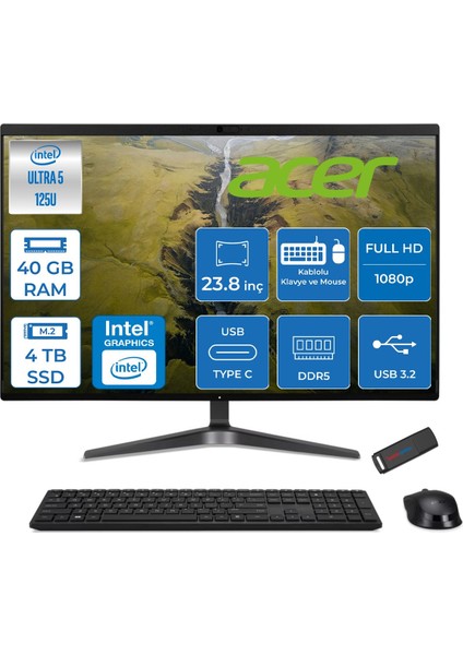 Veriton VZ2524G Intel Core Ultra 5 125U 40GB Ddr5 4tb SSD Intel® Aı Boost 23.8" Fullhd (1920 x 1080) Freedos All In One Bilgisayar DQR2REM001F20 + Zetta Flash Bellek