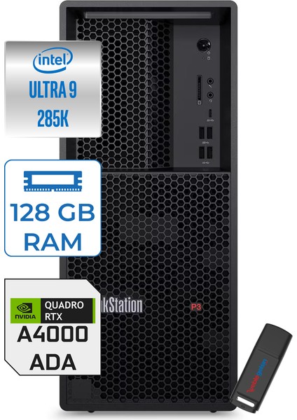 Thinkstation P3 Tower Gen 2 Intel Vpro Core Ultra 9 285K 128GB Ddr5 2tb SSD 20GB/RTX4000 Windows 11 Pro Masaüstü Iş Istasyonu 30HT004JTRP31 + Zettausb