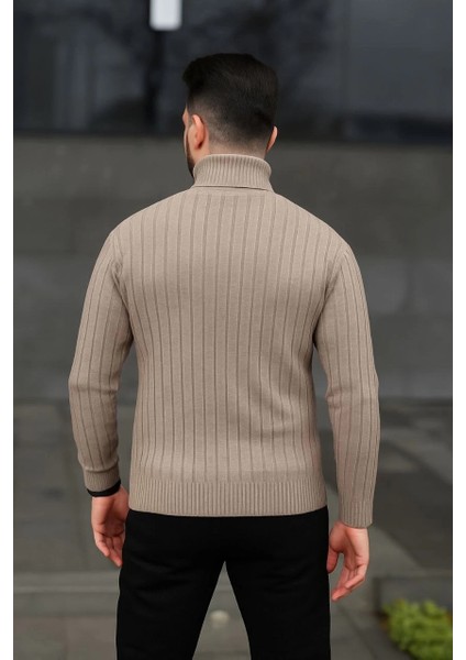 Erkek Balıkcı Yaka Bağazlı Triko Kazak Pamuklu Kalın Fitilli Dokuma, Regular Fit Uzun Kollu Kışlık Model - Bej modelleri