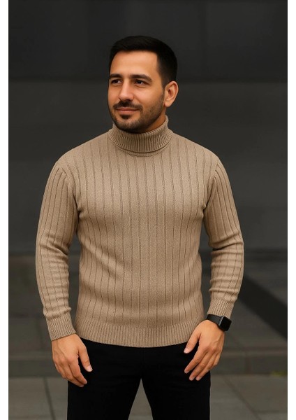 Erkek Balıkcı Yaka Bağazlı Triko Kazak Pamuklu Kalın Fitilli Dokuma, Regular Fit Uzun Kollu Kışlık Model - Bej fırsatları