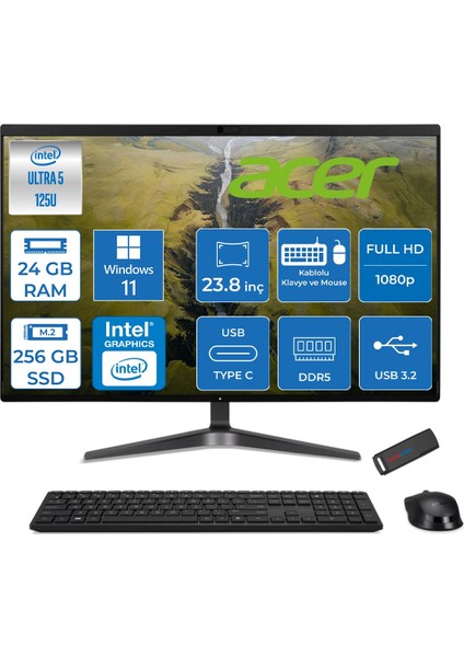 Veriton VZ2524G Intel Core Ultra 5 125U 24GB Ddr5 256GB SSD Intel® Aı Boost 23.8" Fullhd (1920 x 1080) Windows 11 Home All In One Bilgisayar DQR2REM001H06 + Zetta Flash Bellek